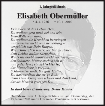 Traueranzeige von Elisabeth Obermüller von Super Sonntag / Super Mittwoch