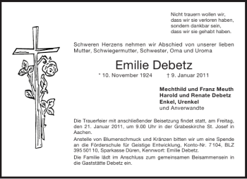 Traueranzeige von Emilie Debetz von Aachener Zeitung / Aachener Nachrichten