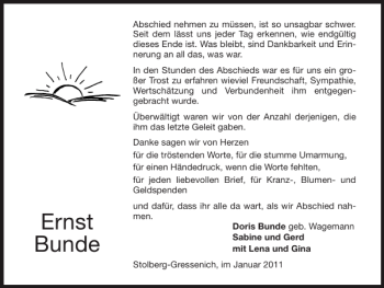 Traueranzeige von Ernst Bunde von Super Sonntag / Super Mittwoch