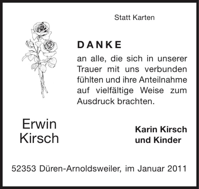  Traueranzeige für Erwin Kirsch vom 16.01.2011 aus Super Sonntag / Super Mittwoch