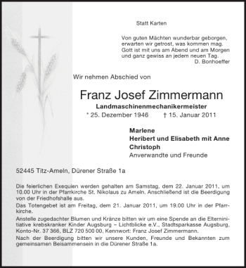 Traueranzeige von Franz Josef Zimmermann von Aachener Zeitung / Aachener Nachrichten