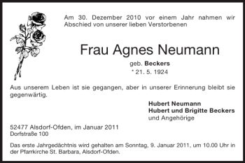 Traueranzeige von Frau Agnes Neumann von Super Sonntag / Super Mittwoch
