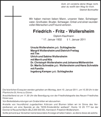 Traueranzeige von Friedrich-Fritz-Wollersheim  von Aachener Zeitung / Aachener Nachrichten