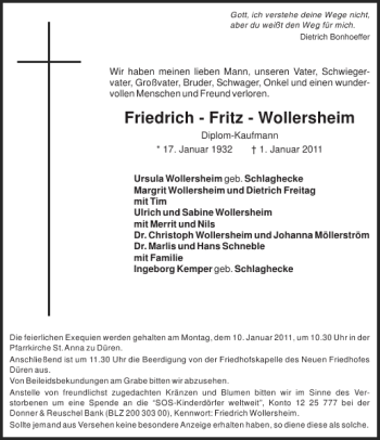 Traueranzeige von Friedrich-Fritz-Wollersheim  von Aachener Zeitung / Aachener Nachrichten
