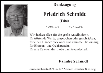 Traueranzeige von Friedrich Schmidt von Super Sonntag / Super Mittwoch