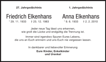Traueranzeige von Friedrich Elkenhans Anna Elkenhans von Super Sonntag / Super Mittwoch