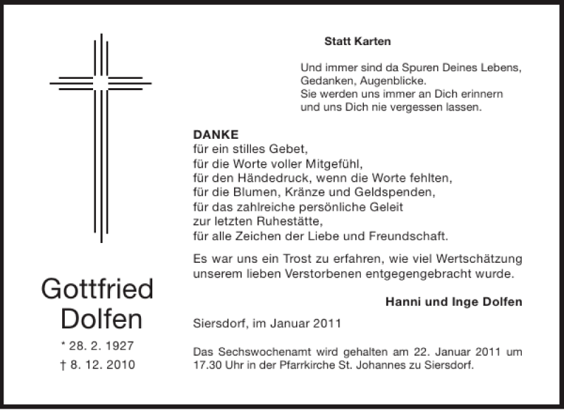  Traueranzeige für Gottfried Dolfen vom 15.01.2011 aus Aachener Zeitung / Aachener Nachrichten