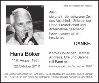 Traueranzeige von Hans Böker von Super Sonntag / Super Mittwoch