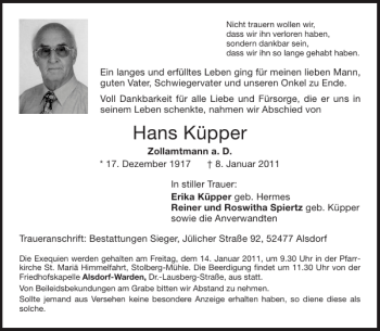 Traueranzeige von Hans Küpper von Aachener Zeitung / Aachener Nachrichten