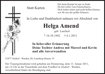 Traueranzeige von Helga Amend von Super Sonntag / Super Mittwoch