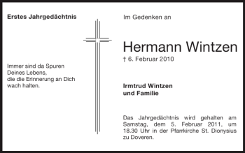 Traueranzeige von Hermann Wintzen von Super Sonntag / Super Mittwoch