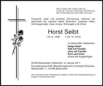 Traueranzeige von Horst Seibt von Super Sonntag / Super Mittwoch