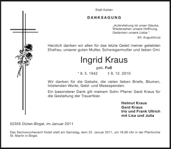 Traueranzeige von Ingrid Kraus von Aachener Zeitung / Aachener Nachrichten