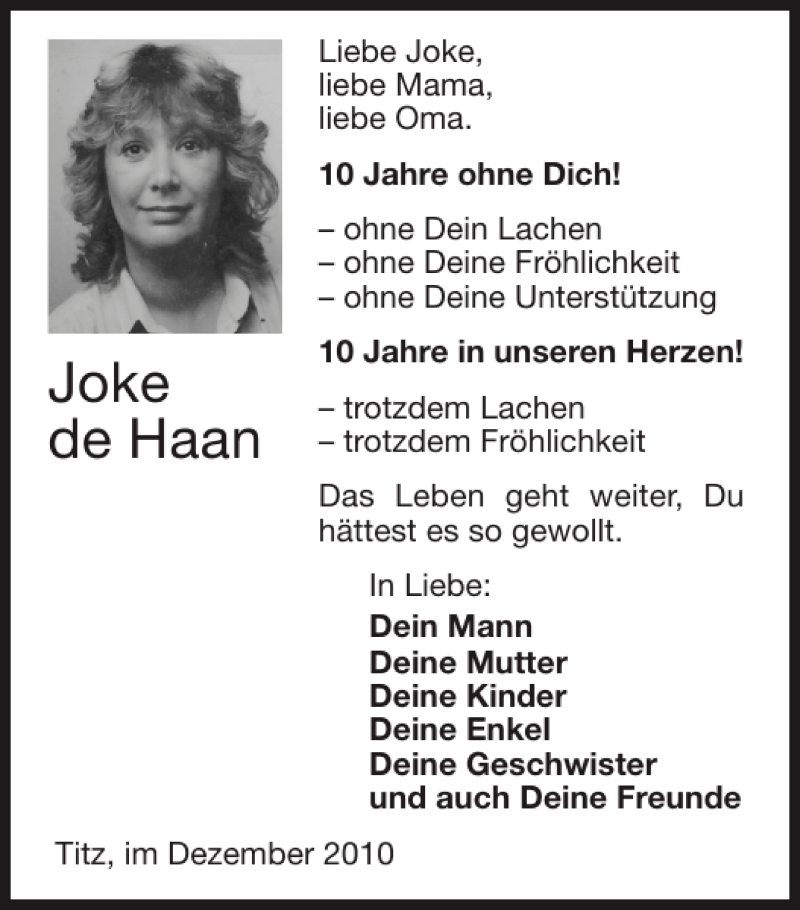  Traueranzeige für Joke de Haan vom 02.01.2011 aus Super Sonntag / Super Mittwoch