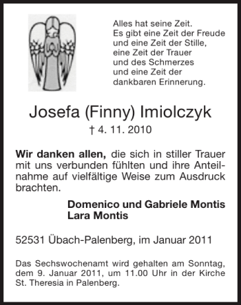 Traueranzeige von Josefa Finny Imiolczyk von Super Sonntag / Super Mittwoch