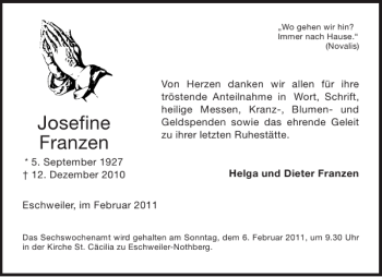 Traueranzeige von Josefine Franzen von Aachener Zeitung / Aachener Nachrichten