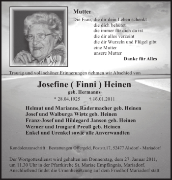Traueranzeige von Josefine Finni Heinen von Super Sonntag / Super Mittwoch
