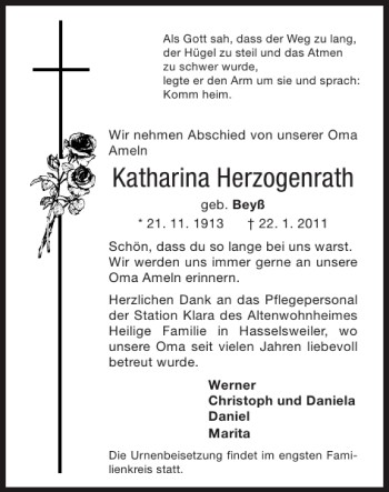 Traueranzeige von Katharina Herzogenrath von Super Sonntag / Super Mittwoch