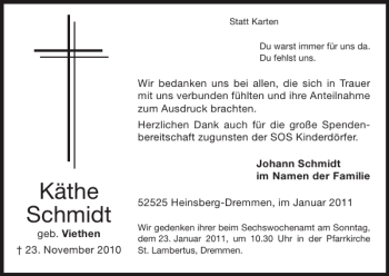 Traueranzeige von Käthe Schmidt von Super Sonntag / Super Mittwoch