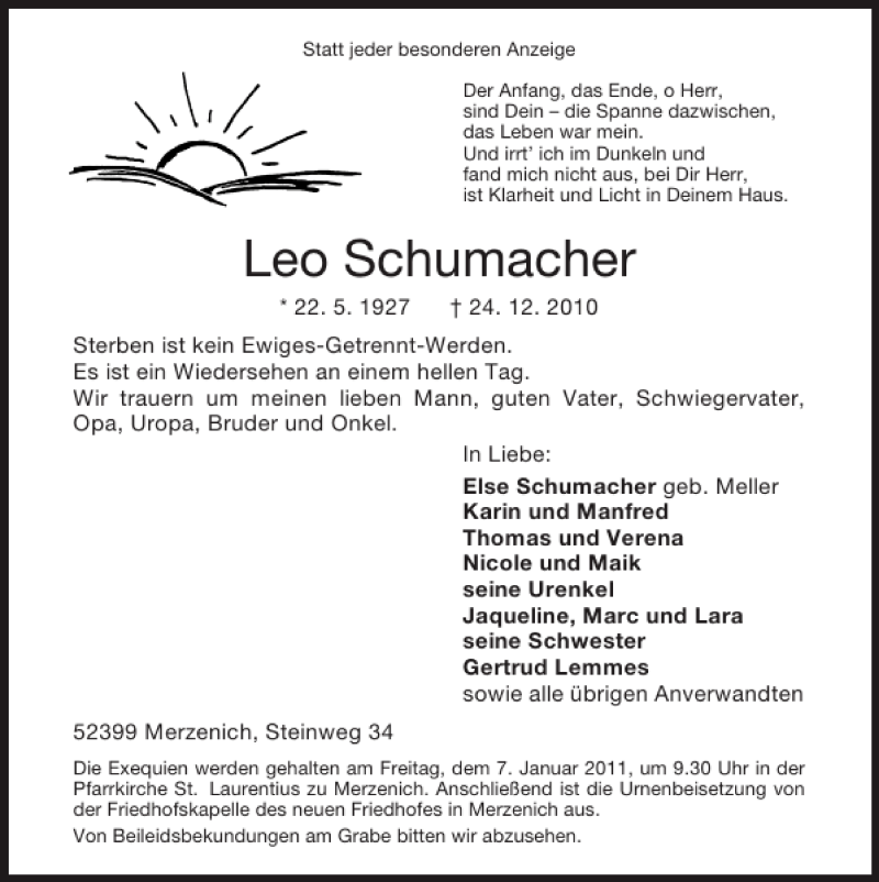  Traueranzeige für Leo Schumacher vom 02.01.2011 aus Super Sonntag / Super Mittwoch