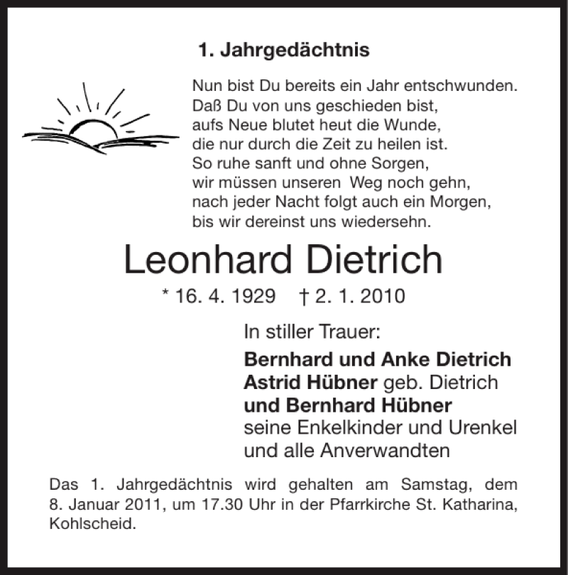 Traueranzeigen von Leonhard Dietrich Aachen gedenkt