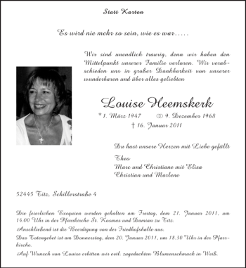 Traueranzeige von Louise Heemskerk von Aachener Zeitung / Aachener Nachrichten