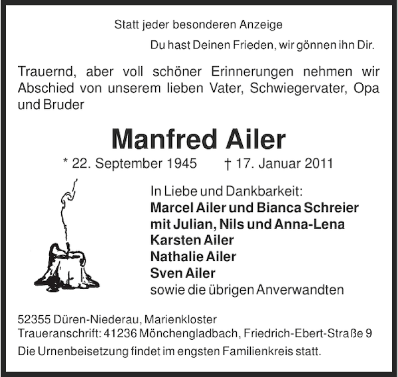  Traueranzeige für Manfred Ailer vom 30.01.2011 aus Super Sonntag / Super Mittwoch
