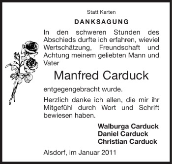 Traueranzeige von Manfred Carduck von Super Sonntag / Super Mittwoch