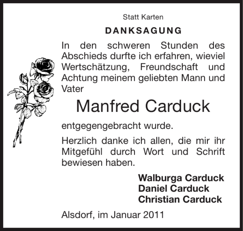  Traueranzeige für Manfred Carduck vom 16.01.2011 aus Super Sonntag / Super Mittwoch