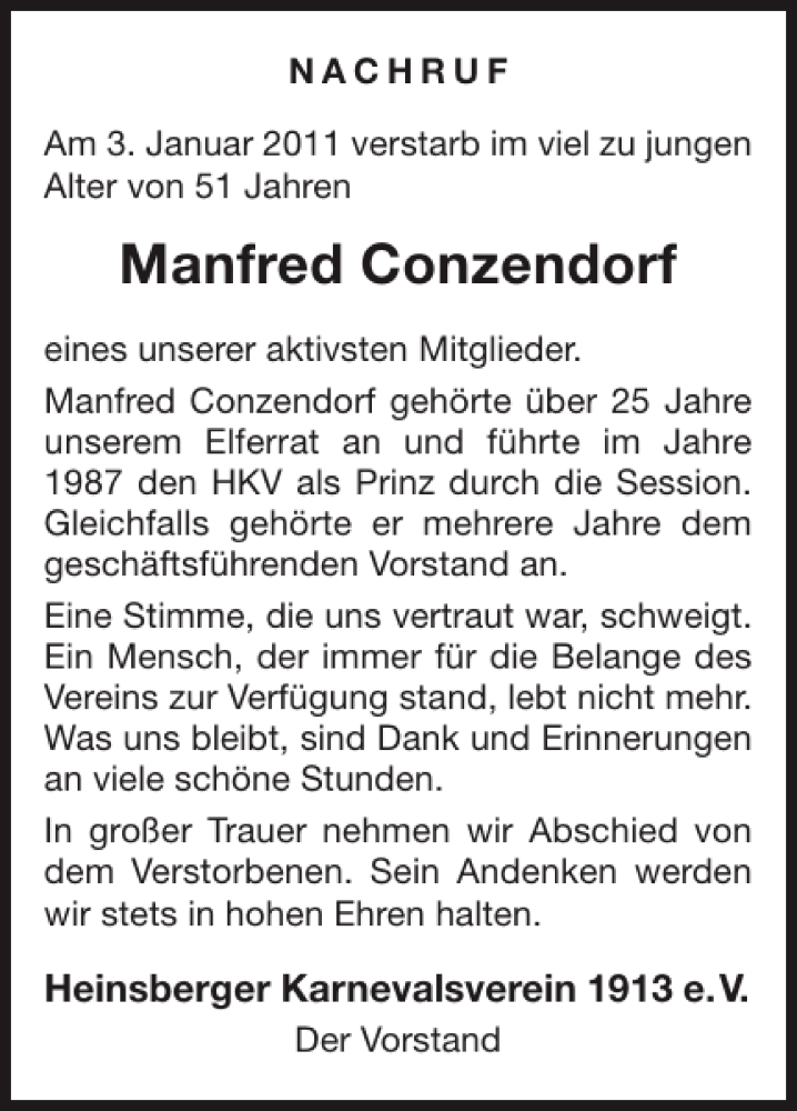  Traueranzeige für Manfred Conzendorf vom 09.01.2011 aus Super Sonntag / Super Mittwoch