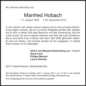 Traueranzeige von Manfred Hobach von Super Sonntag / Super Mittwoch