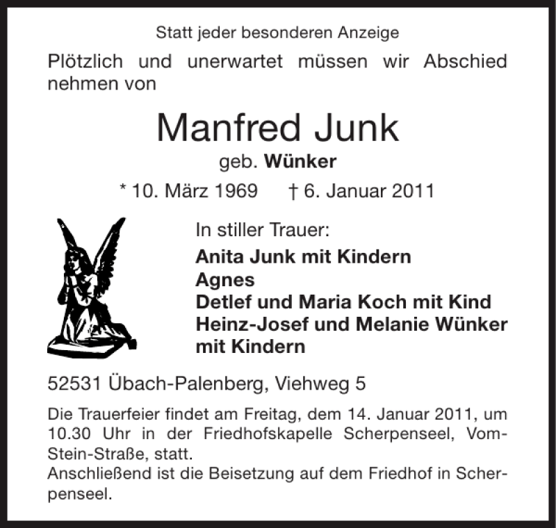  Traueranzeige für Manfred Junk vom 12.01.2011 aus Super Sonntag / Super Mittwoch