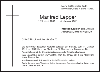 Traueranzeige von Manfred Lepper von Aachener Zeitung / Aachener Nachrichten