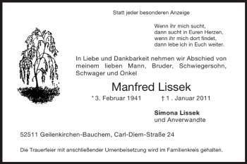 Traueranzeige von Manfred Lissek von Super Sonntag / Super Mittwoch