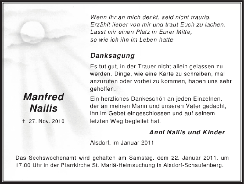  Traueranzeige für Manfred Nailis vom 16.01.2011 aus Super Sonntag / Super Mittwoch