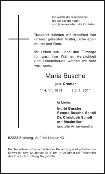 Traueranzeige von Maria Busche von Aachener Zeitung / Aachener Nachrichten