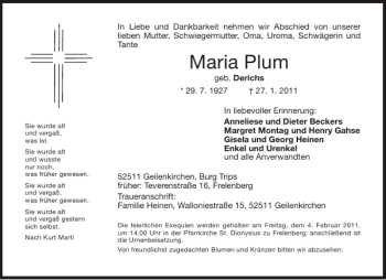 Traueranzeige von Maria Plum von Aachener Zeitung / Aachener Nachrichten
