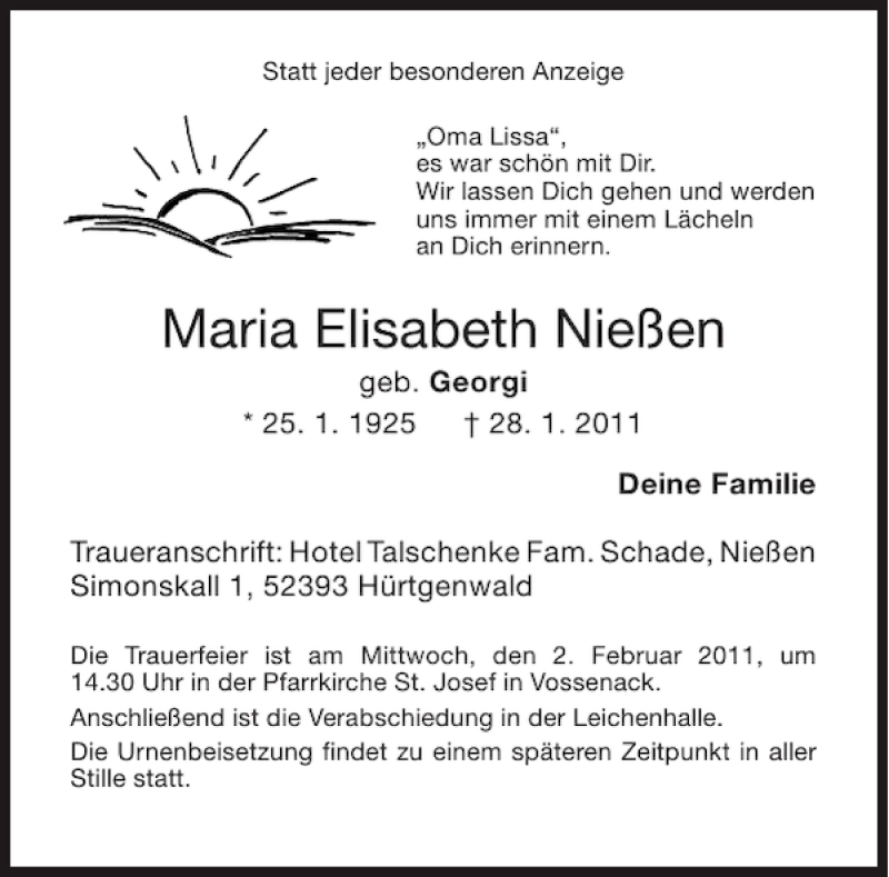  Traueranzeige für Maria Elisabeth Nießen vom 31.01.2011 aus Aachener Zeitung / Aachener Nachrichten
