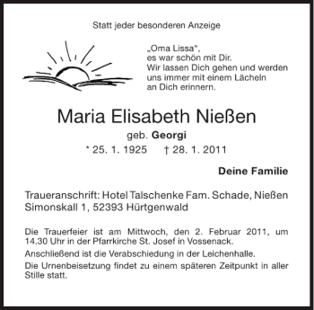 Traueranzeige von Maria Elisabeth Nießen von Aachener Zeitung / Aachener Nachrichten