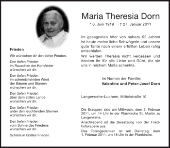 Traueranzeige von Maria Theresia Dorn von Aachener Zeitung / Aachener Nachrichten