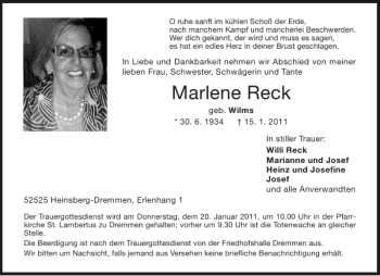Traueranzeige von Marlene Reck von Aachener Zeitung / Aachener Nachrichten