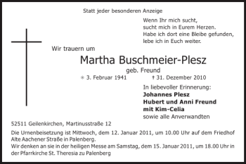 Traueranzeige von Martha Buschmeier-Plesz von Super Sonntag / Super Mittwoch