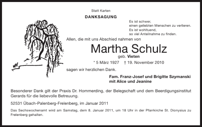  Traueranzeige für Martha Schulz vom 02.01.2011 aus Super Sonntag / Super Mittwoch