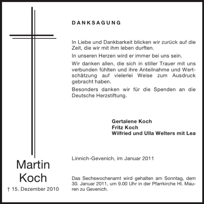  Traueranzeige für Martin Koch vom 23.01.2011 aus Super Sonntag / Super Mittwoch