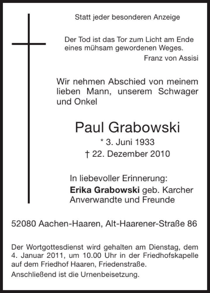  Traueranzeige für Paul Grabowski vom 02.01.2011 aus Super Sonntag / Super Mittwoch