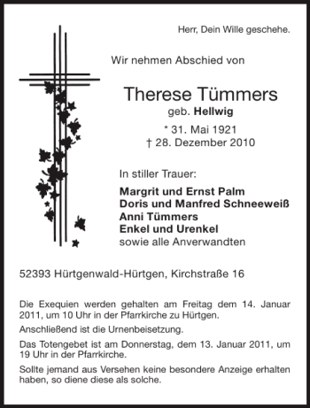 Traueranzeige von Therese Tümmers von Aachener Zeitung / Aachener Nachrichten