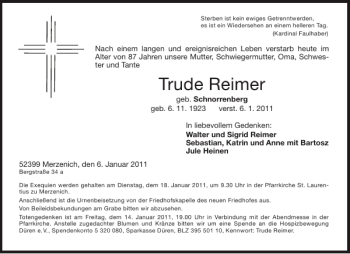Traueranzeige von Trude Reimer von Aachener Zeitung / Aachener Nachrichten
