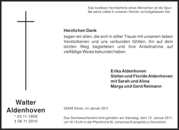 Traueranzeige von Walter Aldenhoven von Aachener Zeitung / Aachener Nachrichten