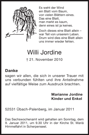 Traueranzeige von Willi Jordine von Super Sonntag / Super Mittwoch