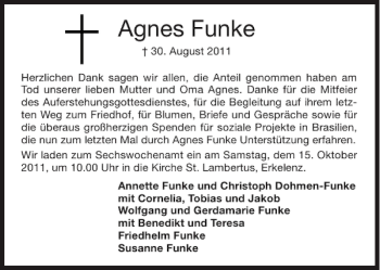 Traueranzeige von Agnes Funke von Aachener Zeitung / Aachener Nachrichten